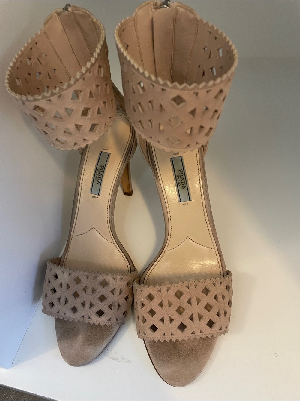 Prada heels Nude Laser-Cut Ankle Strap Stiletto Sandals